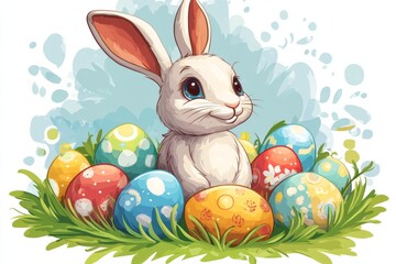 Poster - Cute rabbit surrounded by colorful Easter eggs in a grassy field, ready for an egg hunt activity