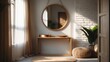 © CreativeBro - Modern hallway design featuring a large round mirror, table, and stylish decor near the wall