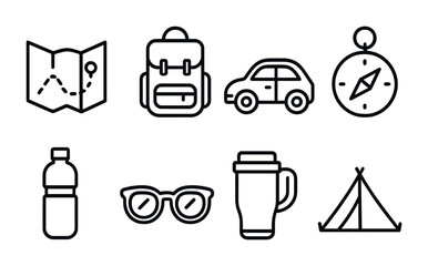 Poster - Adventure travel icon set: linear style, 8 essential explorers’ elements