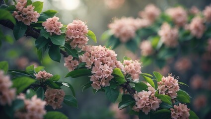 close-up of a stunning tree with pink blossoms and lush green foliage