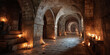 © Oleksandr - Long medieval castle corridor with arches lit by candles, evokes mystery. Dark dungeon tunnel interior, stone walls, fantasy background, endless ancient catacombs