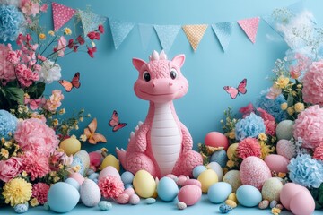 Poster - Colorful spring celebration with pink dragon surrounded by flowers and Easter eggs