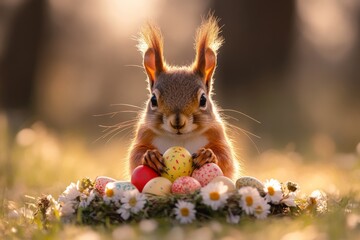 Aufkleber - Squirrel joyfully arranging colorful eggs among daisies during spring celebration at sunrise