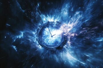 Poster - Cosmic clock surrounded by swirling blue energy in a vast universe
