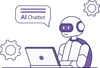 Fototapete - Robot using laptop, AI chatbot conversation vector illustration (2).eps, Robot using laptop, AI chatbot conversation vector illustration 