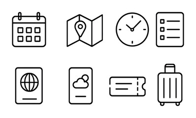 Poster - Travel and planning icons set: calendar, map, clock, checklist, passport, weather, ticket, luggage