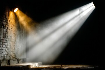 Aufkleber - Rays of light illuminate a dark space with textured walls and a misty atmosphere during evening hours