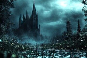 Aufkleber - Dark castle shrouded in mist and rain near a tranquil lake at twilight