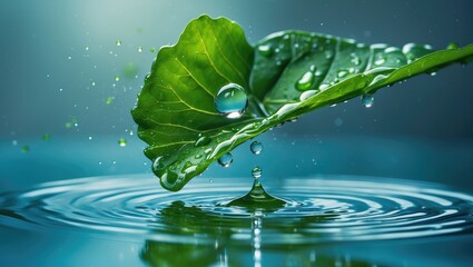 Aufkleber - splashing water drops on a green leaf