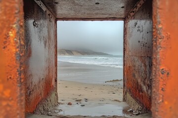 Aufkleber - View of a coastal landscape through an old rusty structure at a foggy beach during low tide