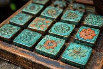 Aufkleber - Beautifully crafted vintage tiles with intricate floral designs displayed on a rustic wooden surface