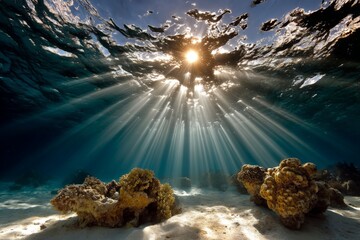 Poster - Sunlight pierces through the ocean surface illuminating coral formations in clear tropical waters