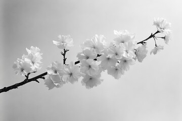 Poster - Beautiful cherry blossom branch in black and white with delicate flowers against a soft background