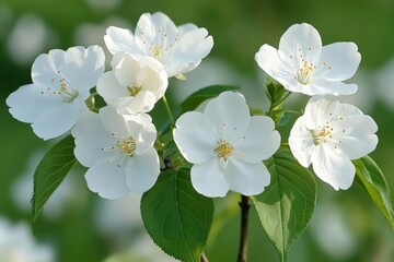 Poster - Delicate white cherry blossoms bloom in spring, showcasing nature's beauty in a lush green setting