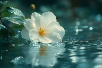 Poster - White flower floating on tranquil water with droplets glistening in a serene setting