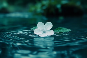 Fototapete - Calm water reflects a delicate white flower surrounded by green leaves during a serene moment in nature