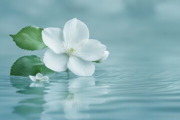 Poster - White flower floating on serene water surface capturing reflection in tranquil setting during bright daylight