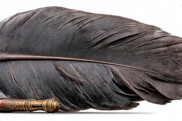 Poster - Large quill pen and feather resting on a smooth surface during the afternoon in a quiet study area