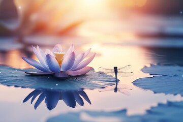 Poster - Serenity at dawn with a lotus flower and dragonfly on a tranquil pond surface