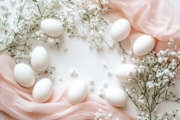 Poster - Delicate arrangement of white eggs surrounded by flowers and soft fabric for a seasonal celebration