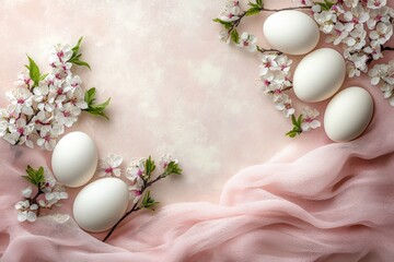 Poster - Spring decor featuring white eggs surrounded by blossoms and soft fabric in a pastel setting