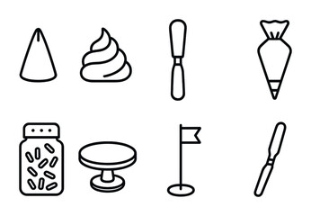 Poster - Baking tools icons set: line style illustrations of piping bags, spatula, turntable, and more
