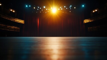 Poster - Bright golden spotlight shines on the empty theater stage, framed by lavish red velvet curtains and intricate gilded decorations, perfect for a captivating show