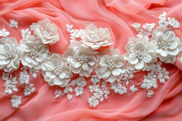 Aufkleber - Delicate white flowers arranged on soft coral fabric creating an elegant, textured display for decorative purposes