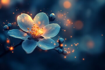 Poster - Delicate flower glows in twilight with soft lights creating an enchanting atmosphere in a serene garden