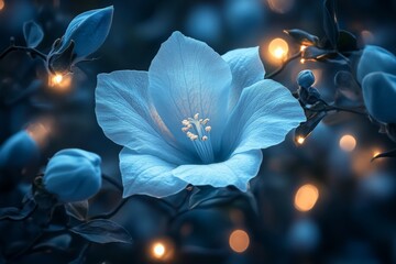 Aufkleber - Blue flower illuminated by soft lights in a tranquil garden setting during twilight hours