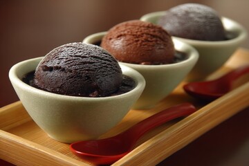 Aufkleber - Three bowls of rich chocolate ice cream served on a wooden tray at a dessert parlor during an afternoon gathering