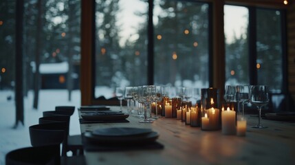 Aufkleber - A rustic wooden dining table is set with warm candlelight, offering a cozy ambiance while overlooking a snow-covered forest through large cabin windows