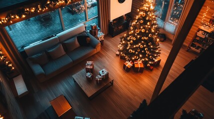 Aufkleber - The cozy living room glows with a Christmas tree decorated in gold and lights, surrounded by neatly wrapped gifts eager to be unwrapped