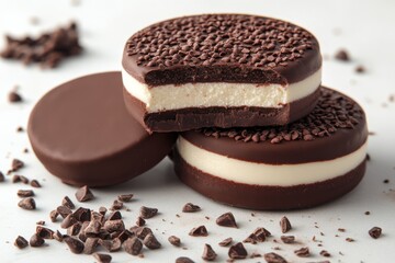Aufkleber - Delicious chocolate sandwich cookies with creamy filling and chocolate sprinkles set on a white background