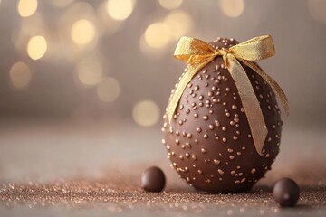 Aufkleber - Chocolate egg decorated with golden ribbon and tiny beads on table with festive backdrop