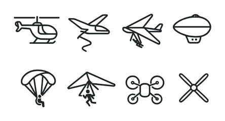 Poster - Aerial vehicle icons set: linear style collection of helicopter, drone, glider, parachute