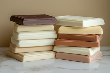 Aufkleber - Various types of chocolate bars stacked in an artistic arrangement on a marble surface