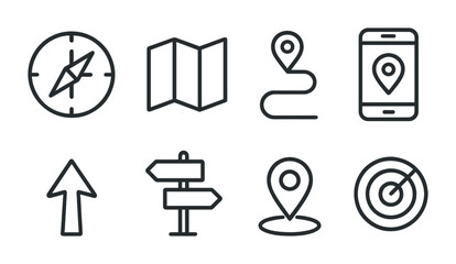 Poster - Navigation and location icons set: map, compass, gps, and more in linear style