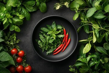 Poster - Fresh herbs and chili peppers arranged on a black plate surrounded by vibrant greens in a culinary setting