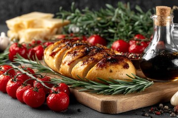 Poster - Delicious garlic bread with fresh tomatoes, herbs, and olive oil on a wooden board at a cozy kitchen setting