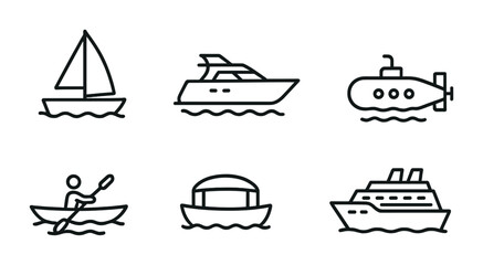 Poster - Nautical transport icons set: flat linear design featuring boats, submarine, yacht, kayak, ferry, and cruise ship