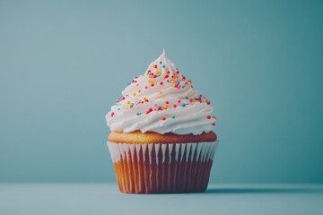 Poster - Cupcake with colorful sprinkles placed against a light blue background in a cozy kitchen setting