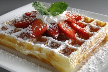 Poster - Delicious waffle topped with fresh strawberries and cream served on a white plate