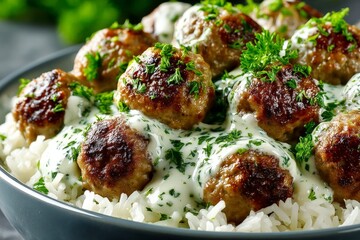 Aufkleber - Delicious meatballs served on a bed of fluffy rice with creamy sauce and fresh herbs in a cozy setting