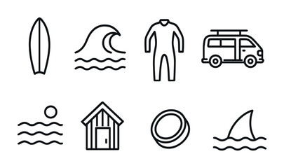 Poster - Surfing icon set: outline style with board, wetsuit, van, wave, sun, hut, ring, shark fin