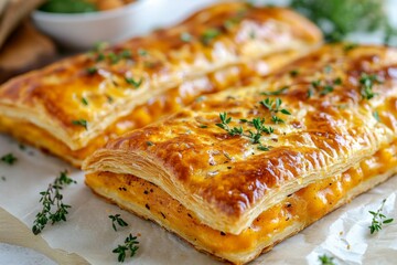 Poster - Golden flaky pastry filled with creamy cheese and topped with fresh herbs from a local kitchen