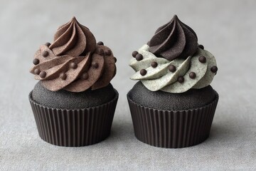 Poster - Delicious chocolate and mint cupcakes with creamy frosting on a neutral background, perfectly arranged for dessert lovers