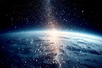 Poster - Vibrant sunrise illuminates Earth from space, showcasing shimmering particles and vast atmospheres over the planet’s curvature