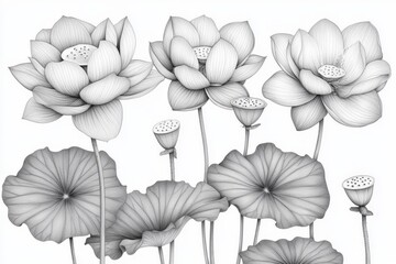 Aufkleber - Detailed botanical illustration of lotus flowers with intricate petals and leaves in black and white