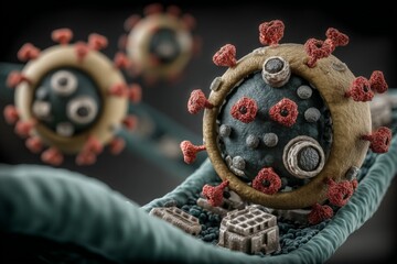 Aufkleber - Microscopic view of a virus structure with detailed features and surrounding context in a lab setting